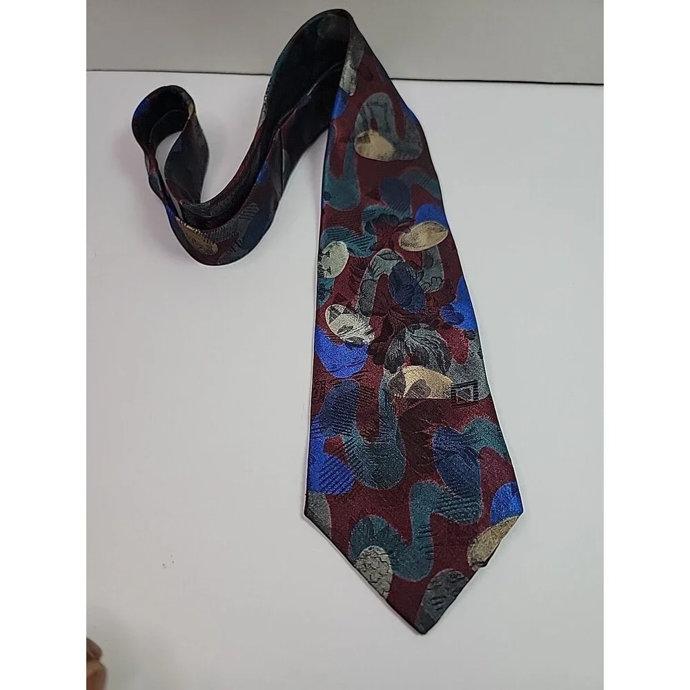 Towncraft Vintage Necktie Abstract Geometric Burgundy Blue Gray Tie 1960 Style